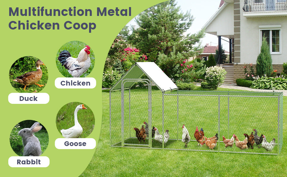 Flat Style Poultry Cage, Poultry Cage with Waterproof Cover, Walk-in Metal Poultry Cage for Outdoor Backyard Farm, Chicken Coop