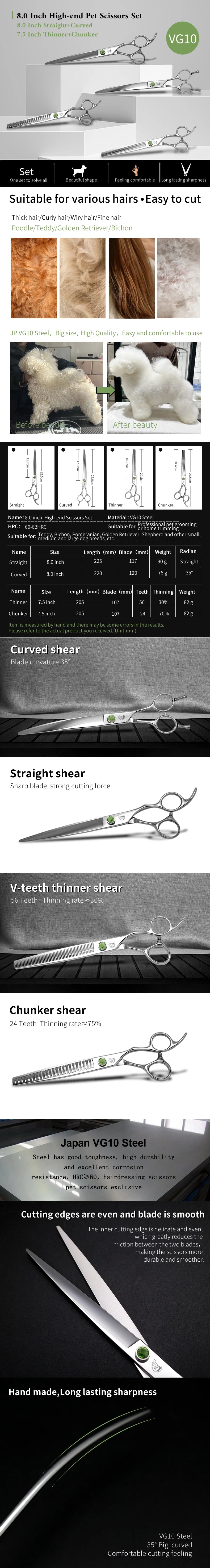 Crane 8 Inch Professional Pet Scissors Set Dog Grooming Scissor VG10 Steel Kit High-end Straight Curved Chunker Thinning Shears