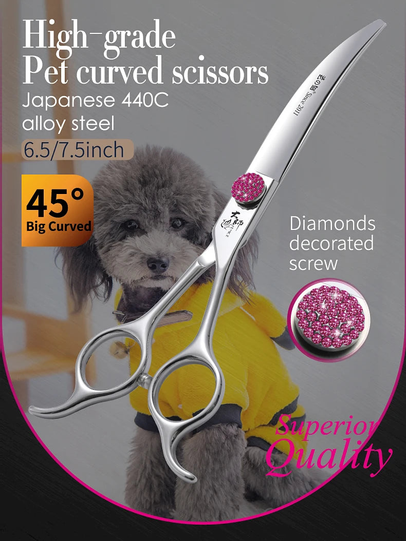 Fenice Pink Diamond Screw Pet Super Curved Scissors 45° 6.5/7.5inch Pet Dog Grooming Scissors Trimming Shear For Pet Beauticians