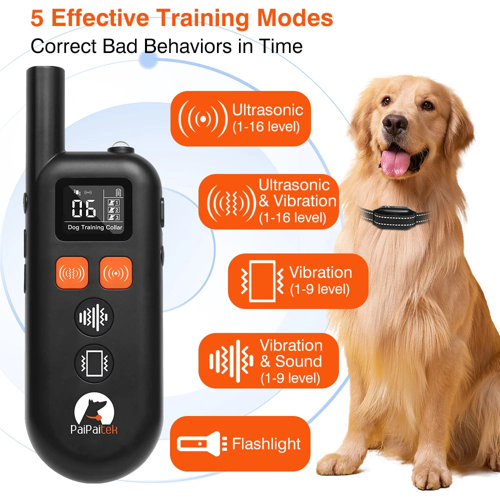 No Shock Dog Training Collar with Remote 3300ft , Rechargeable E-Collar with Ultrasonic / Vibration /Beep No Prongs For All Dogs