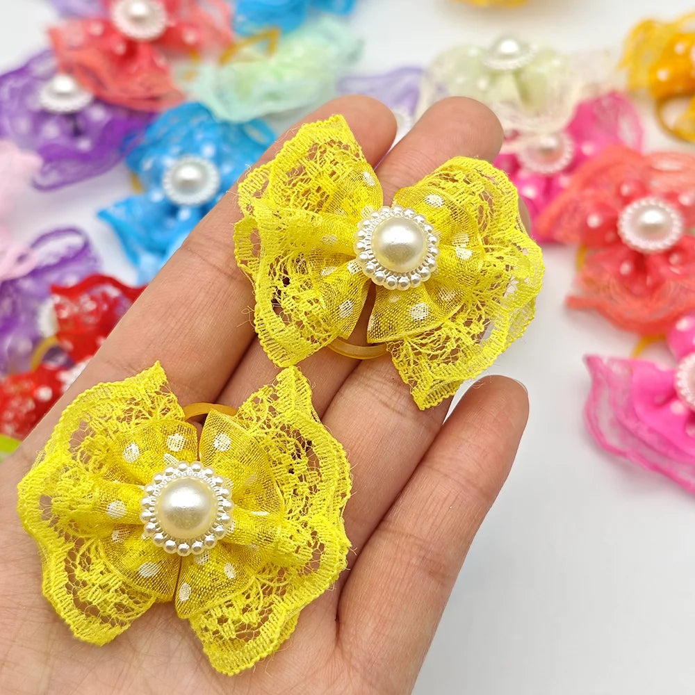 10pcs Bright Double-layer Lace Bows For Dogs 13 Colors Dog Grooming Hair Accessories Pet Rubber Band Hair Clips Puppy Supplies