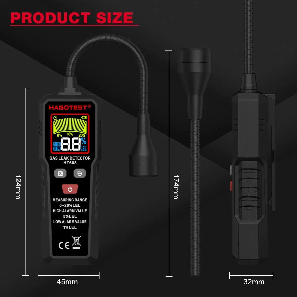 HABOTEST HT608 Natural Gas Leak Detector Sound & Screen Alarm Combustible Flammable Methane Gas Leak Detector Location Determine