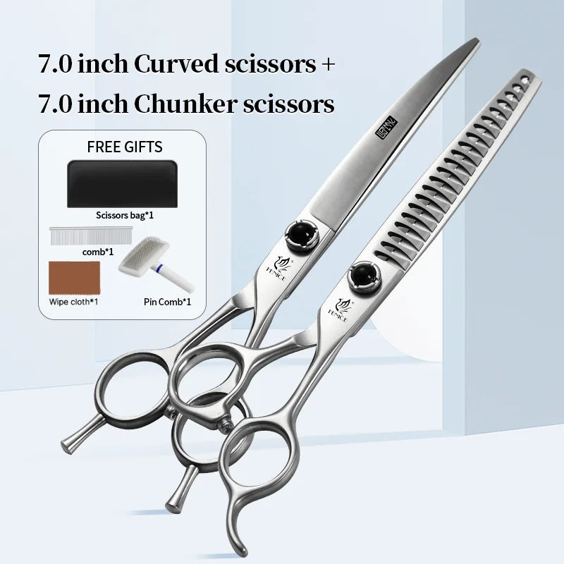 Fenice 6.5/7.0/7.5 Inch Pet Grooming Scissors Set Dog Hair Trimming Shears Cutting Thinning Curved Scissor Kit for Family Use