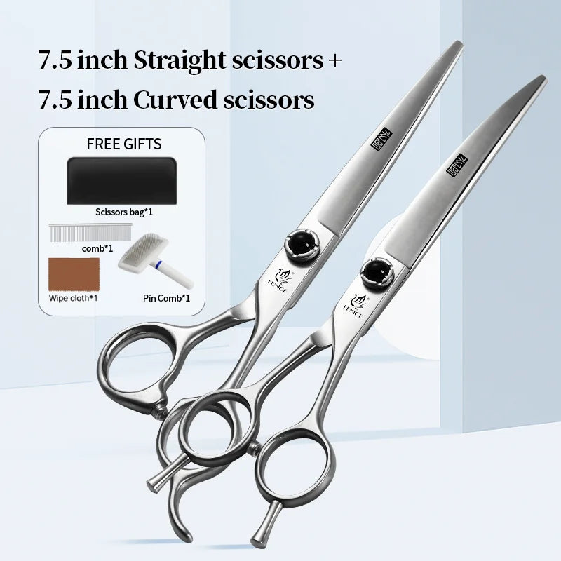 Fenice 6.5/7.0/7.5 Inch Pet Grooming Scissors Set Dog Hair Trimming Shears Cutting Thinning Curved Scissor Kit for Family Use