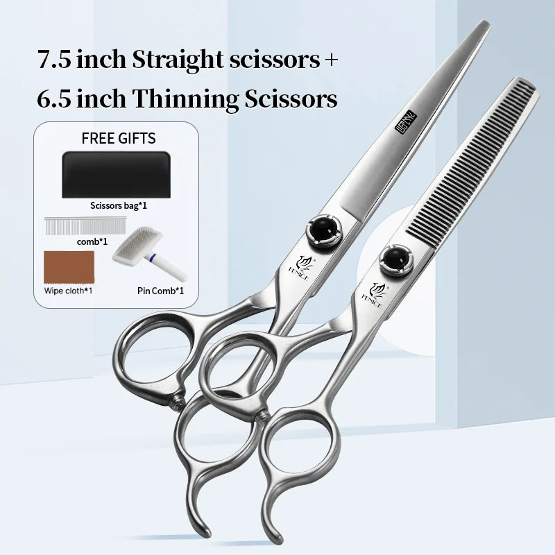 Fenice 6.5/7.0/7.5 Inch Pet Grooming Scissors Set Dog Hair Trimming Shears Cutting Thinning Curved Scissor Kit for Family Use