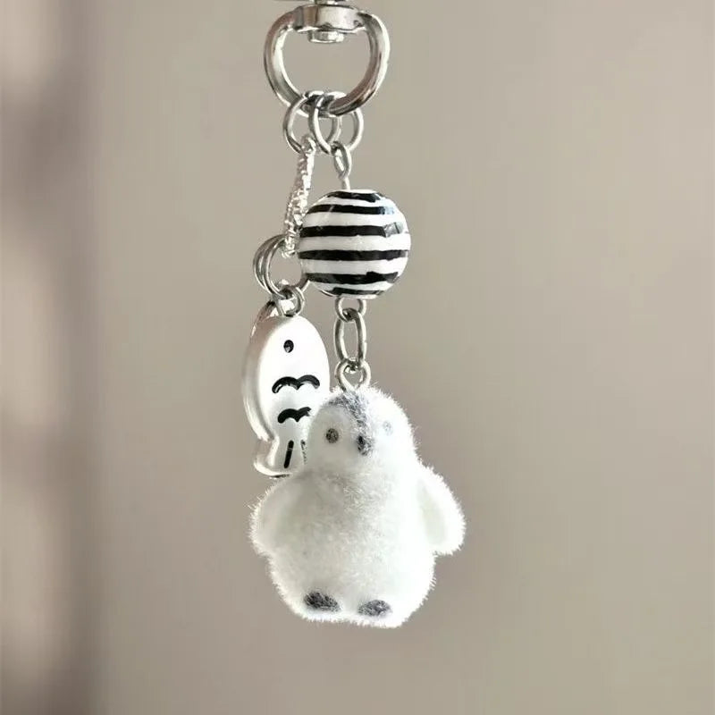 Flocking Cartoon Keychain Cute Seal Penguin Polar Bear Pendant Bag Decoration Keyring Car Key Holder Keychains Gift Fashionable