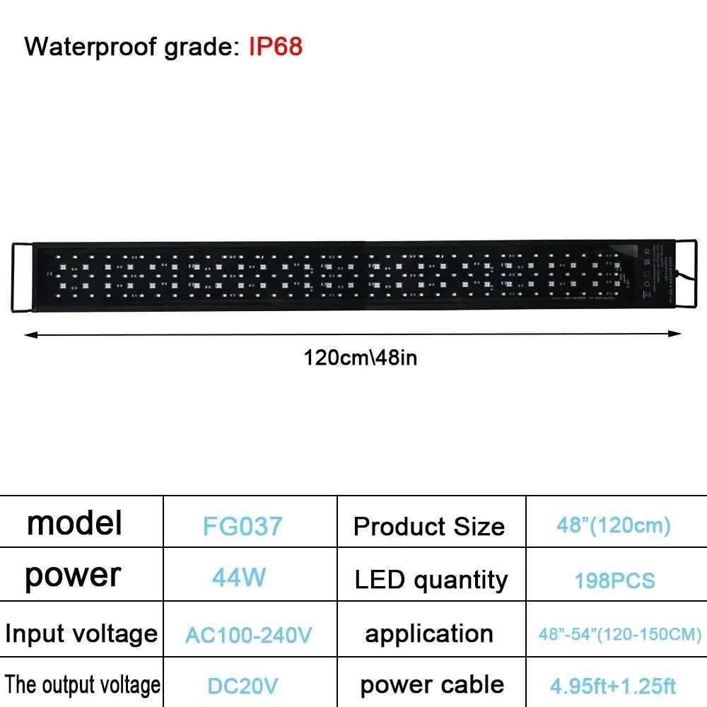 120cm Aquarium LED Light with Full Spectrum Dimmer Plant Growth Fish Tank Decoration 24/7 DIY Auto On Off 7 Colors Freshwater