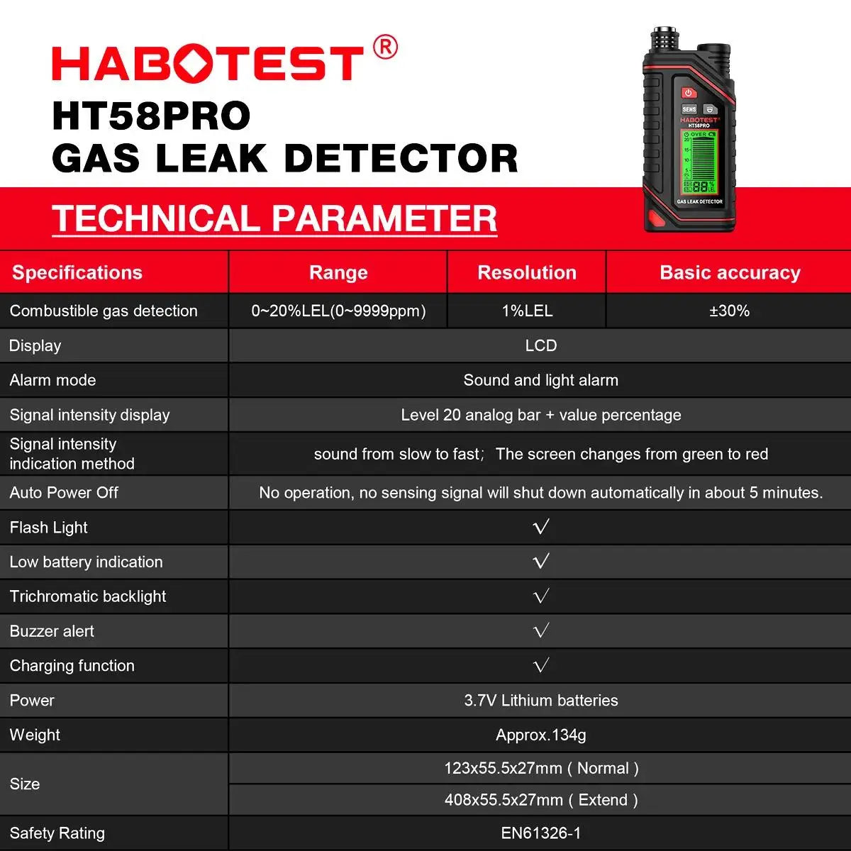 HABOTEST HT58PRO Gas Leak Detector Gas High precision gas sensor sensitive sensor portable combustible Gas Detector