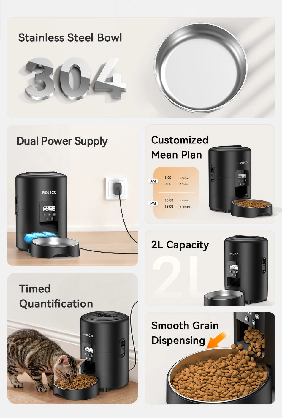 ROJECO 2L Automatic Pet Feeder Smart Cat Food Kibble Dispenser Button Version Smart Control Auto Dog Feeder For Cat Dog Supplies