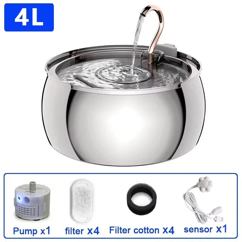 4L Ultra-Quiet Stainless Steel Cat Water Fountain Automatic Drink Filter Pet Drinking Dispenser Drinker For Cats Water Filter