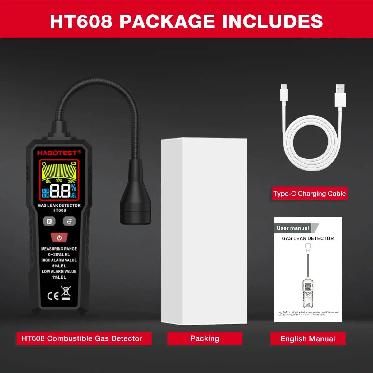 HABOTEST HT608 Natural Gas Leak Detector Sound & Screen Alarm Combustible Flammable Methane Gas Leak Detector Location Determine