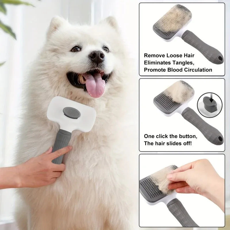 Dual-Use Dog & Cat Grooming Brush (20×10×5.5cm) - Self-Cleaning Slicker Comb with Round-Tip Bent Needles, Ergonomic Handle