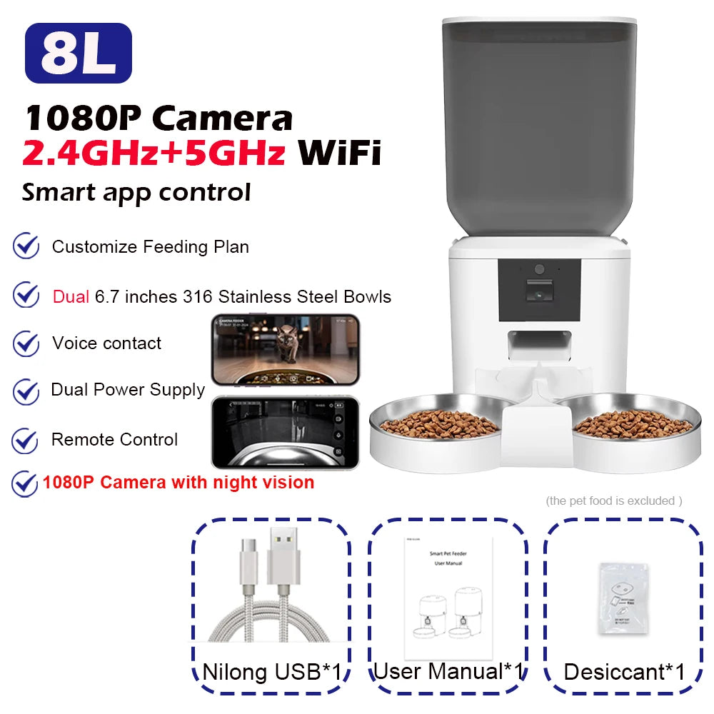 5G Automatic Cat Feeder With 1080p Camera Video WiFi Cat Food Dispenser Pet Smart Voice Recorder Remote Control Pet Auto Feeder