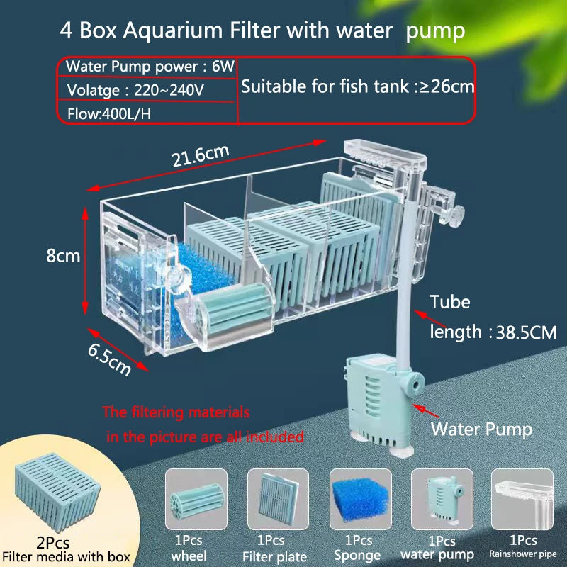 New Fish Tank Waterfall Filter Box Wall Mounted Built-in Silent Circulating Water Purifier For Aquarium Tank Box With Water Pump