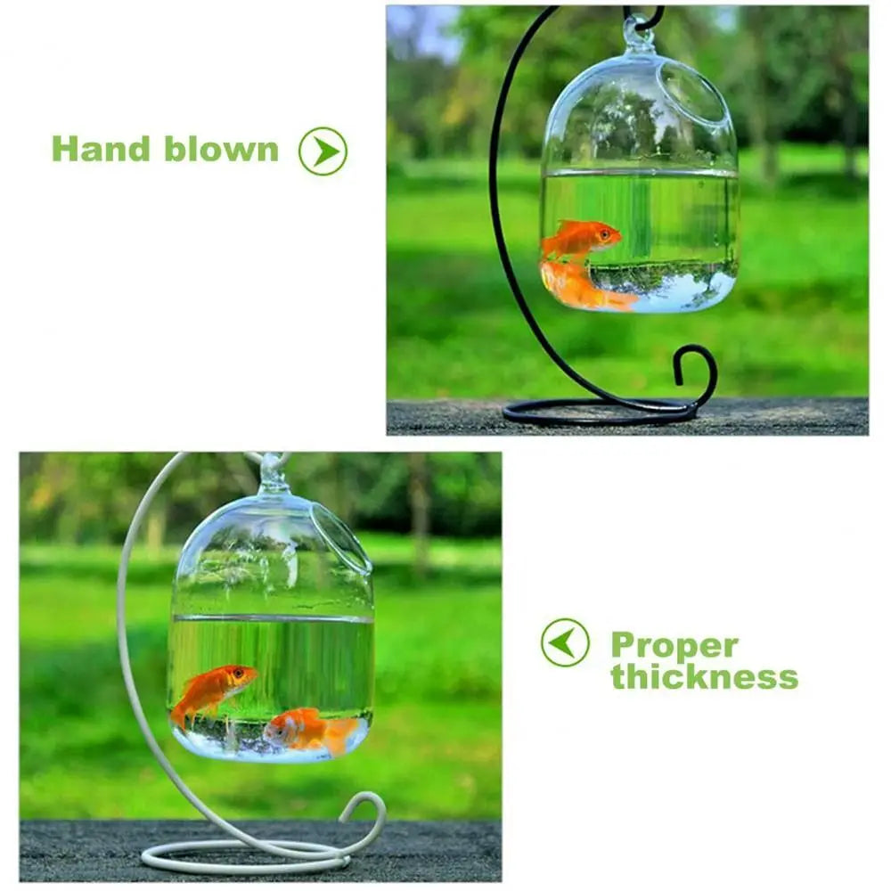 Round/Rectangle Shape Hanging Glass Aquarium Fish Tank Fish Bowl Transparent Vase Ornament With Rack Holder Home Decoration
