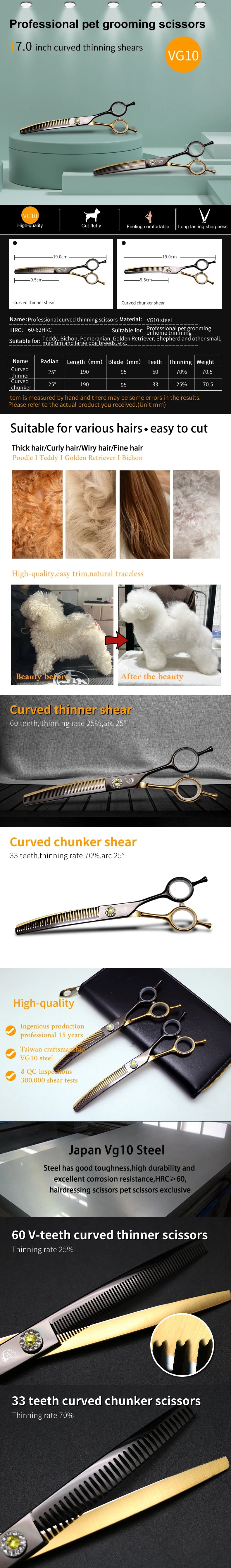 Crane Professional 7 Inch High-end Dog Grooming Scissors Curved Thinner Shears For Dogs Animal Hair Thinning Tijeras Tesoura
