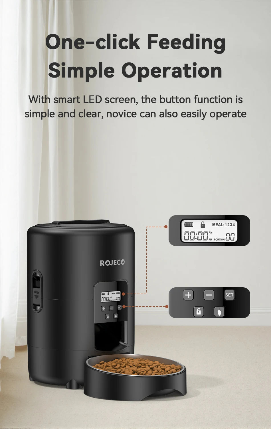 ROJECO 2L Automatic Pet Feeder Smart Cat Food Kibble Dispenser Button Version Smart Control Auto Dog Feeder For Cat Dog Supplies