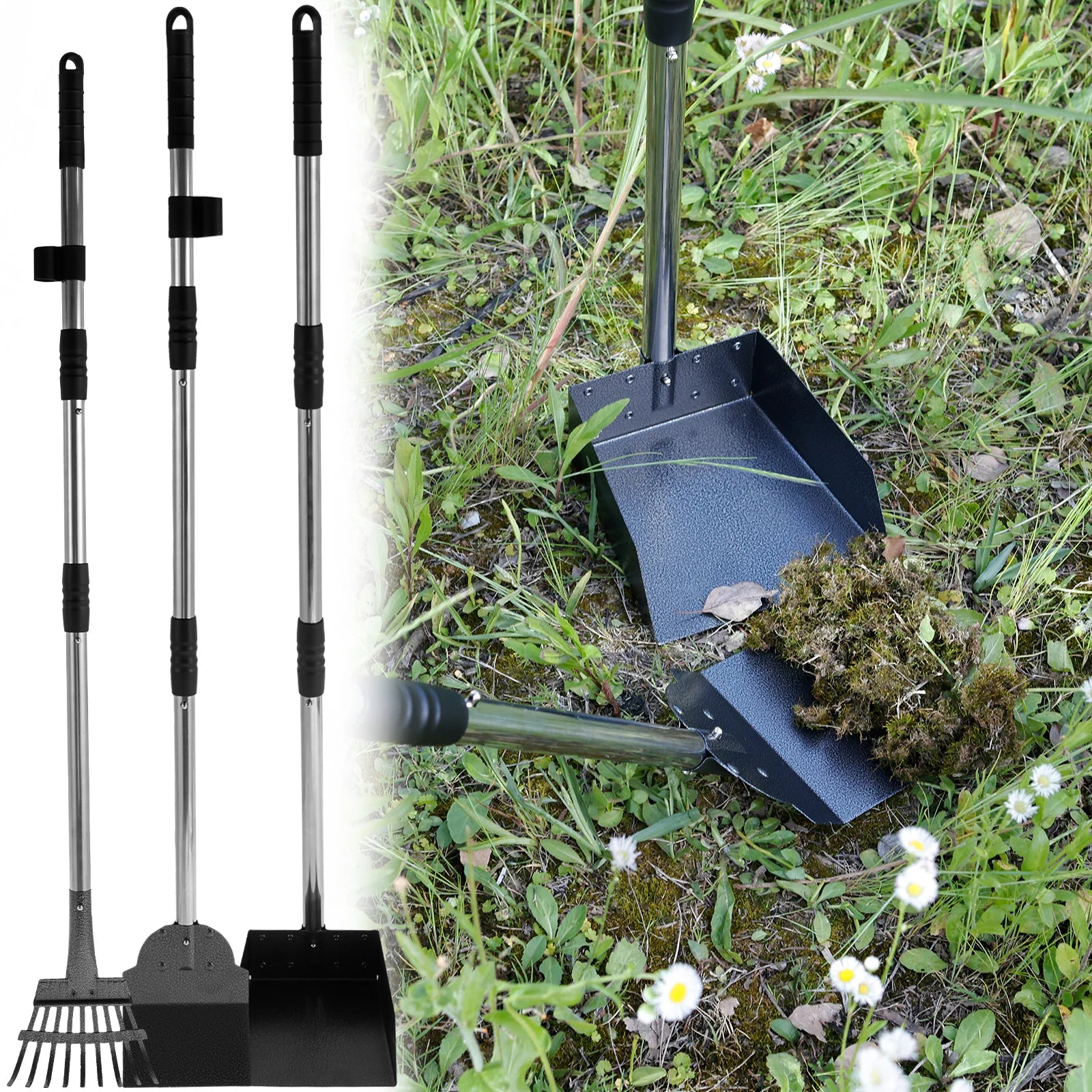 2/3Pcs Pet Pooper Scooper Set with Long Handle Multifunctional Metal Tray Rake Spade Dog Poop Picker For Pet Waste Removal