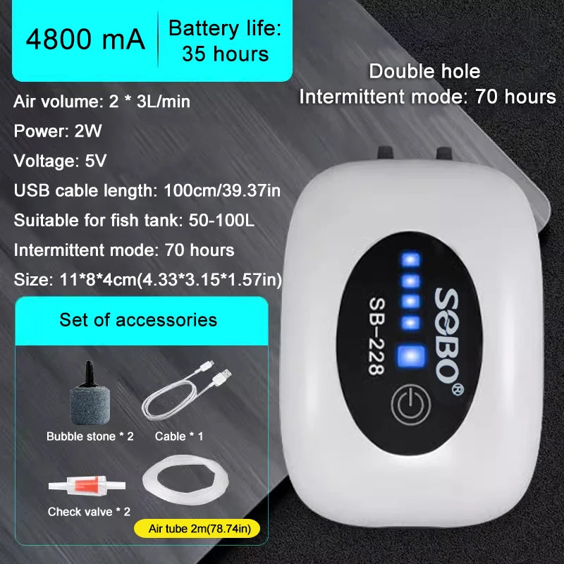 SOBO Aquarium Fish Tank Oxygen Air Pump Compressor Charging Silent USB with Battery Portable Fishing Oxygenator Outdoor Air Pump