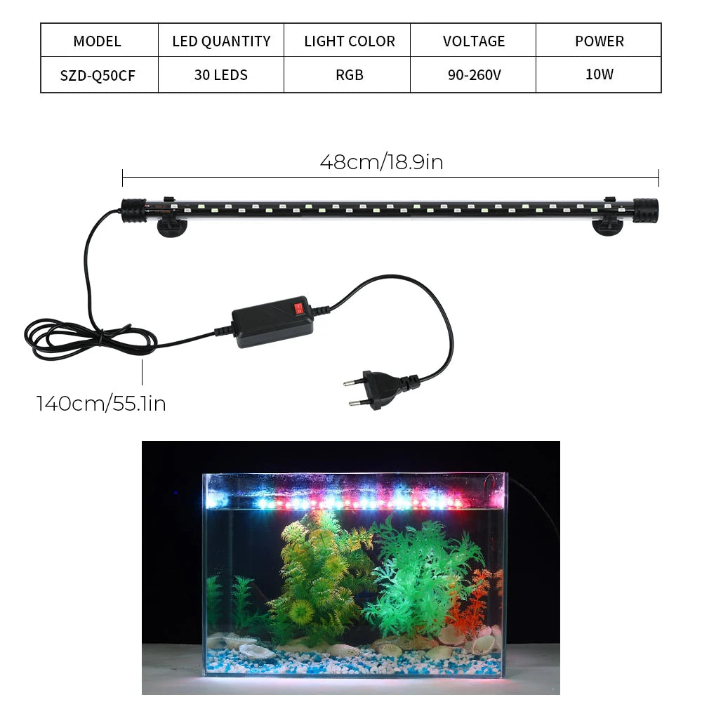 Fish Tank Light Bar Underwater RGB EU Plug AC 90~260V Aquarium Submersible Lamp Waterproof 28/38/48cm