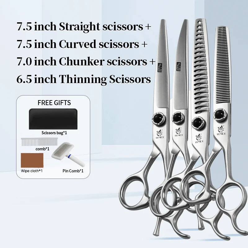 Fenice 6.5/7.0/7.5 Inch Pet Grooming Scissors Set Dog Hair Trimming Shears Cutting Thinning Curved Scissor Kit for Family Use