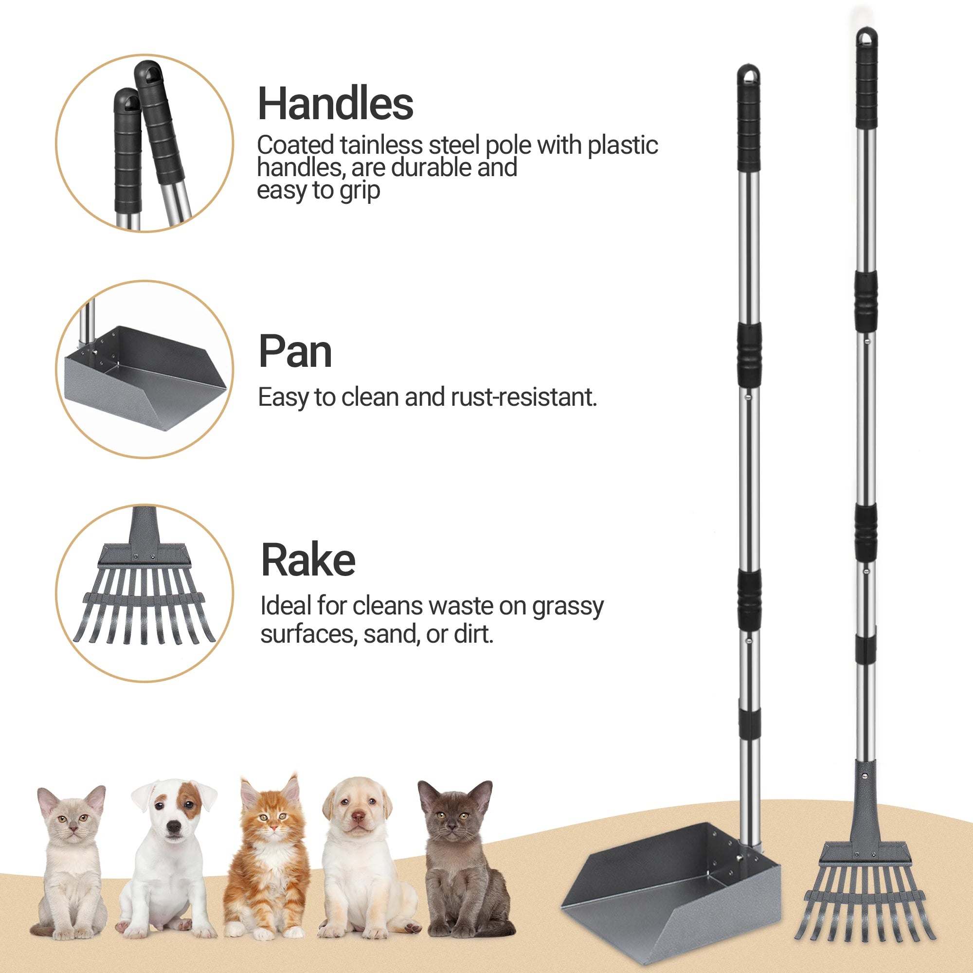 Dog Pooper Scooper, Dog Poop Tray and Rake Set, Pet Waste Removal Scoop with Long Adjustable Sectional Stainless Handles