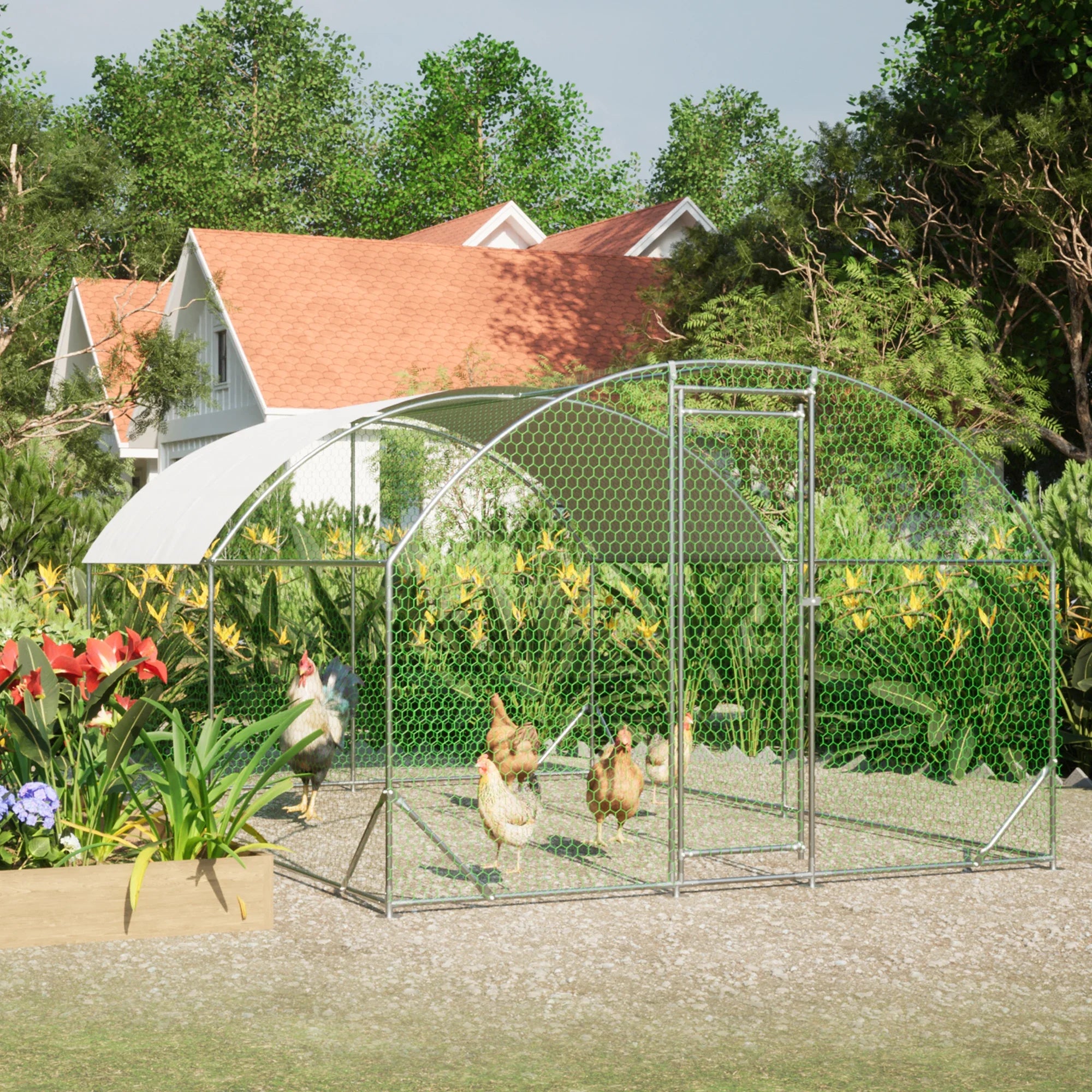 Large Chicken Coop Metal Chicken Run with Waterproof and Anti-UV Cover, Dome Shaped Walk-in Fence Cage Hen House