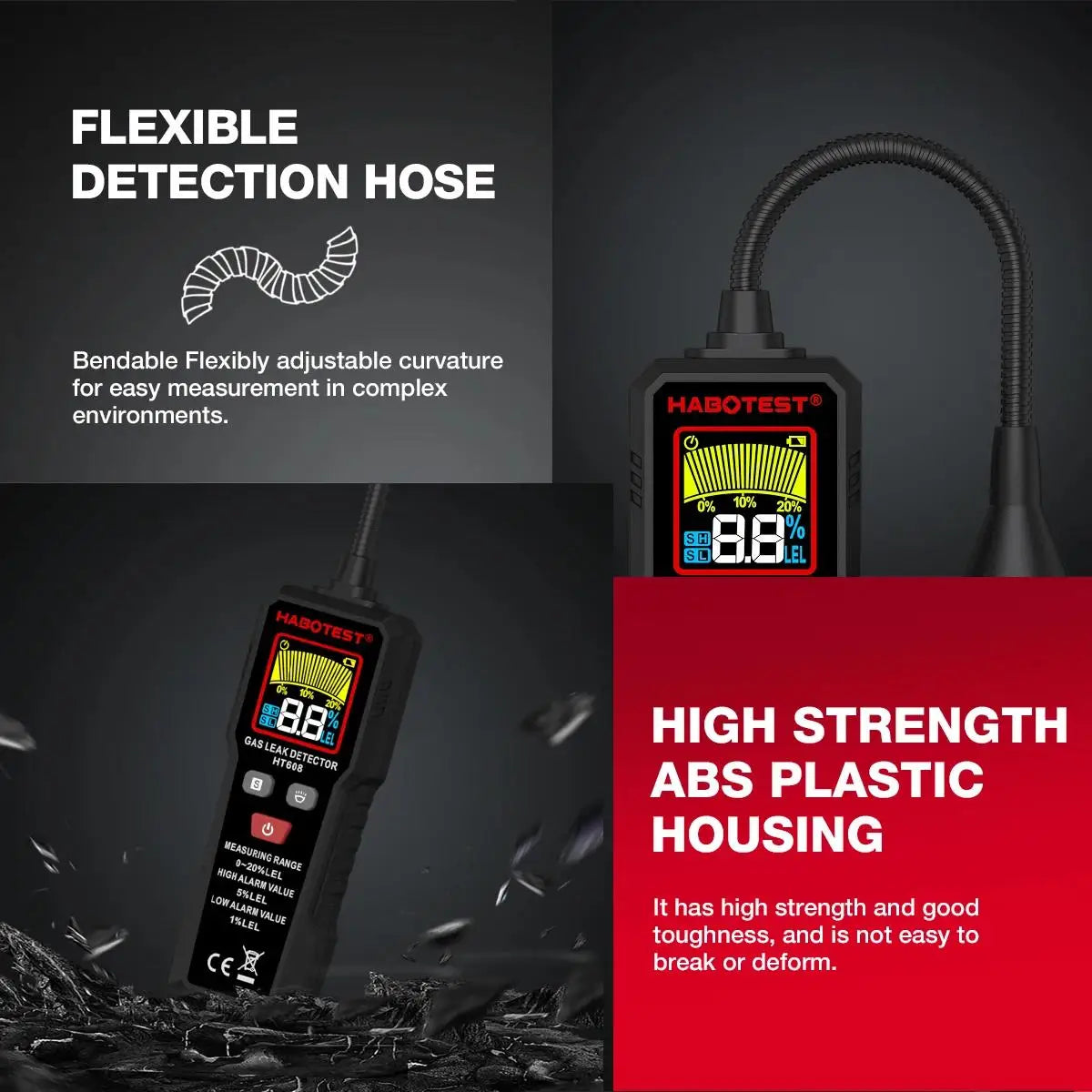 HABOTEST HT608 Natural Gas Leak Detector Sound & Screen Alarm Combustible Flammable Methane Gas Leak Detector Location Determine
