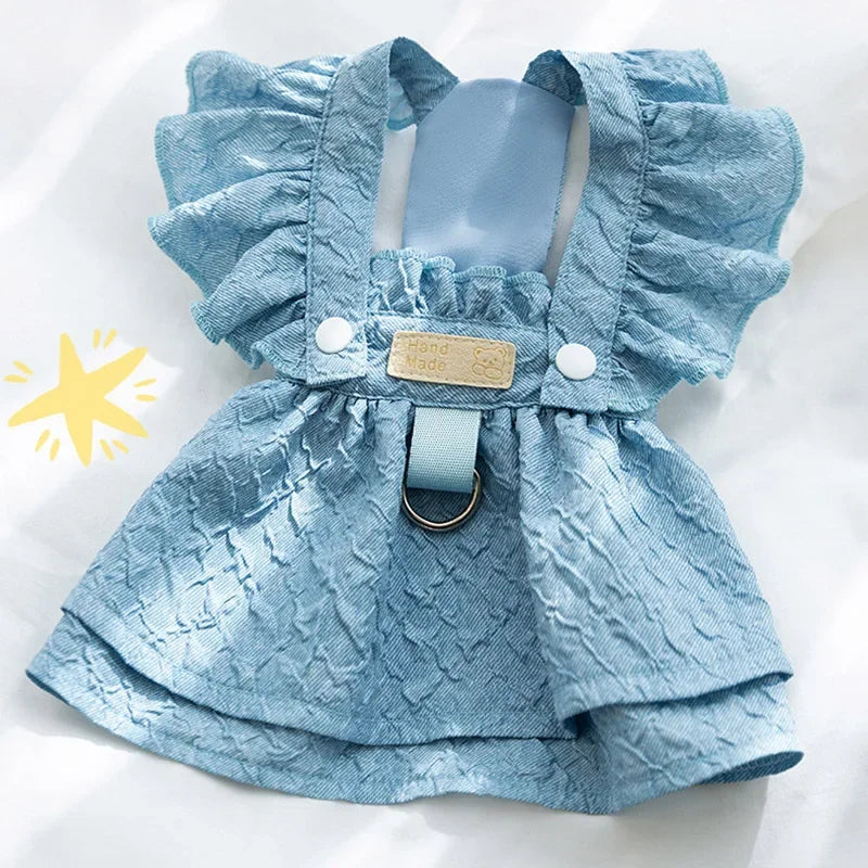 Denim Dog Dresses for Small Dogs, Puppy Girl Clothes with Leash Ring, Flying Sleeves, Summer Cat Apparel, Blue Chihuahua Outfits