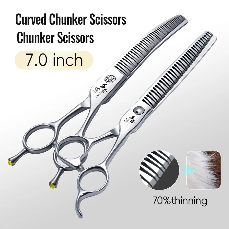 Fenice 7.0 Inch VG10 Steel 3D Gradient Traceless Teeth Pet Curved/Straight Chunker Scissors Bearing Screws Pet Grooming Shears