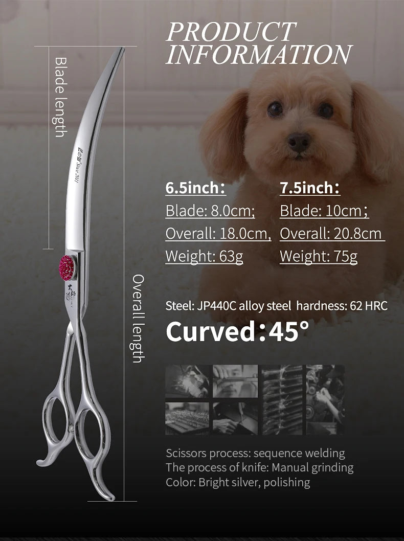 Fenice Pink Diamond Screw Pet Super Curved Scissors 45° 6.5/7.5inch Pet Dog Grooming Scissors Trimming Shear For Pet Beauticians