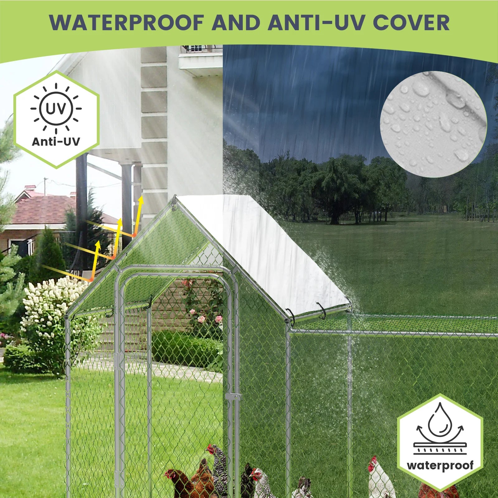 Flat Style Poultry Cage, Poultry Cage with Waterproof Cover, Walk-in Metal Poultry Cage for Outdoor Backyard Farm, Chicken Coop