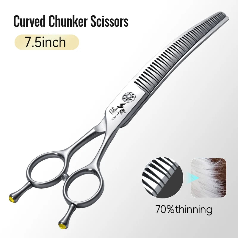 Fenice 7.0 Inch VG10 Steel 3D Gradient Traceless Teeth Pet Curved/Straight Chunker Scissors Bearing Screws Pet Grooming Shears