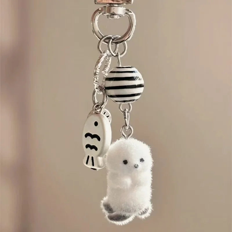 Flocking Cartoon Keychain Cute Seal Penguin Polar Bear Pendant Bag Decoration Keyring Car Key Holder Keychains Gift Fashionable