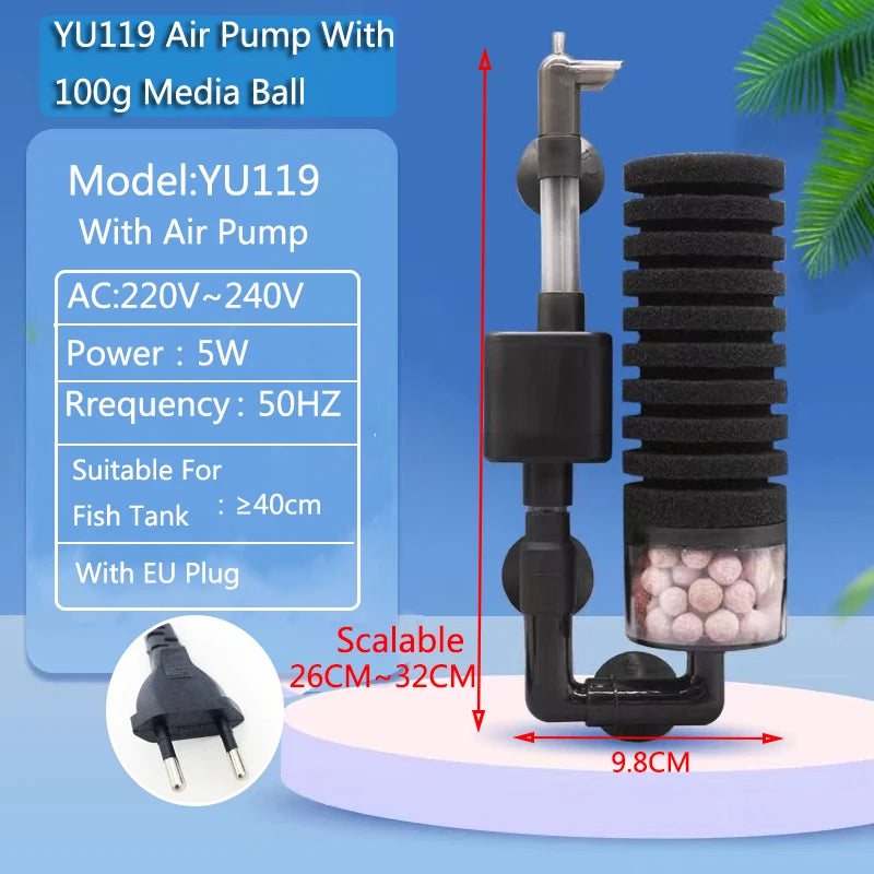 Black Aquarium Filter With Pump For Fish Tank Air Pump Skimmer Biochemical Sponge Filter Aquarium Bio Filters Filtro Aquario