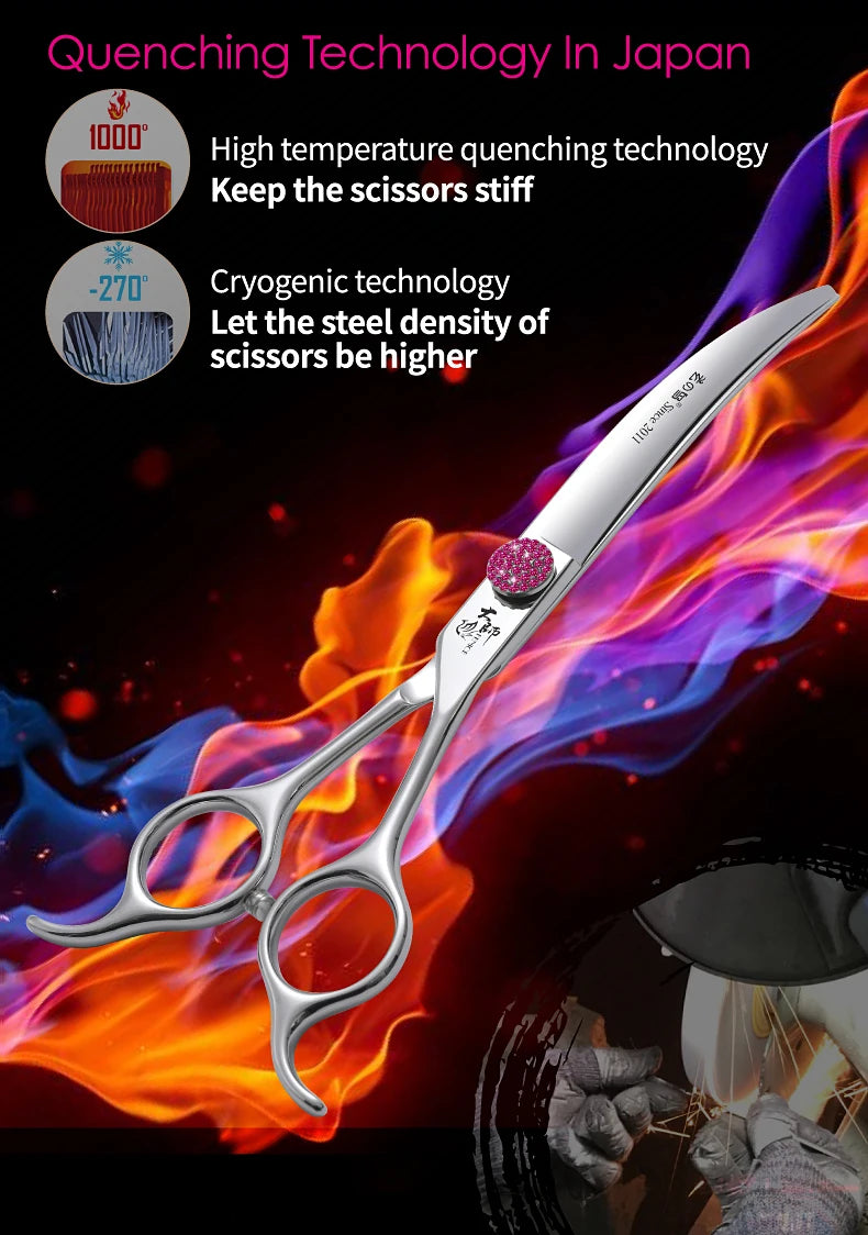 Fenice Pink Diamond Screw Pet Super Curved Scissors 45° 6.5/7.5inch Pet Dog Grooming Scissors Trimming Shear For Pet Beauticians