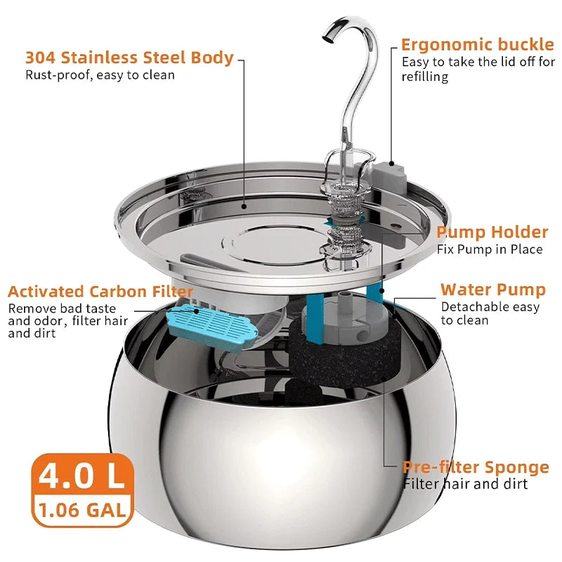 4L Ultra-Quiet Stainless Steel Cat Water Fountain Automatic Drink Filter Pet Drinking Dispenser Drinker For Cats Water Filter