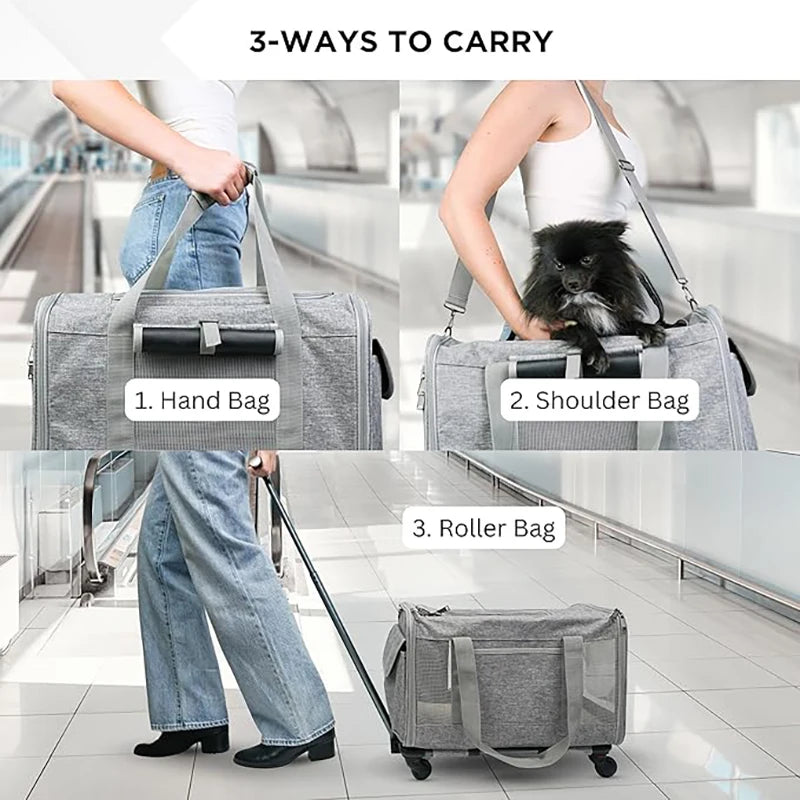 Pet Carrier with Wheels for Dogs Up To 15lbs & Cat  Airline Approved Dog Carrier Rolling Pet Carrier Foldable Pet Stroller