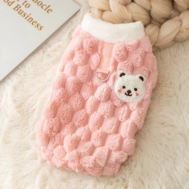 Winter Cat Dog Clothes with Buckle Sweet Bear Print Pet Plush Sweater for Small Dogs Pomeranian Chihuahua Puppy Button Jacket