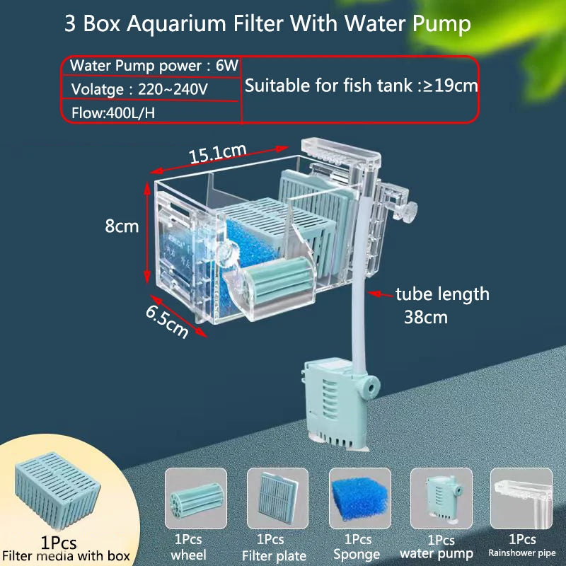 New Fish Tank Waterfall Filter Box Wall Mounted Built-in Silent Circulating Water Purifier For Aquarium Tank Box With Water Pump