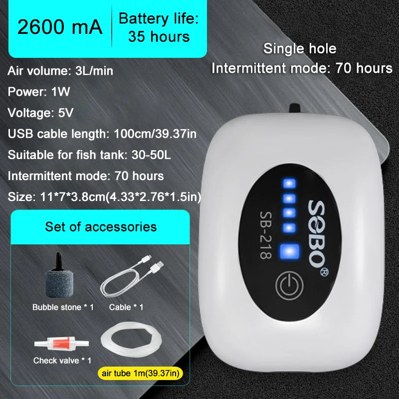 SOBO Aquarium Fish Tank Oxygen Air Pump Compressor Charging Silent USB with Battery Portable Fishing Oxygenator Outdoor Air Pump