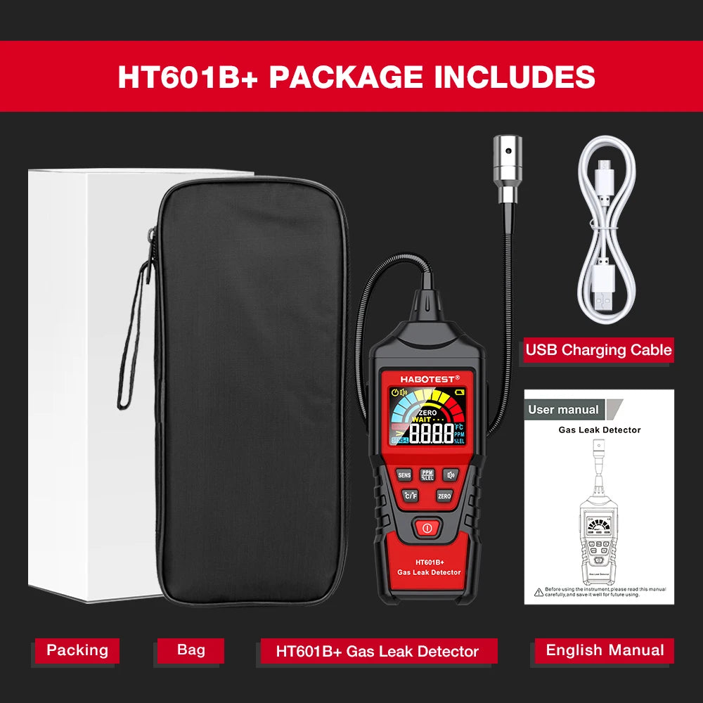 HABOTEST HT601B+PRO Gas Leak Detector 0-9999PPM Flexible probe Quick response Combustible Natural Methane Gas Detector