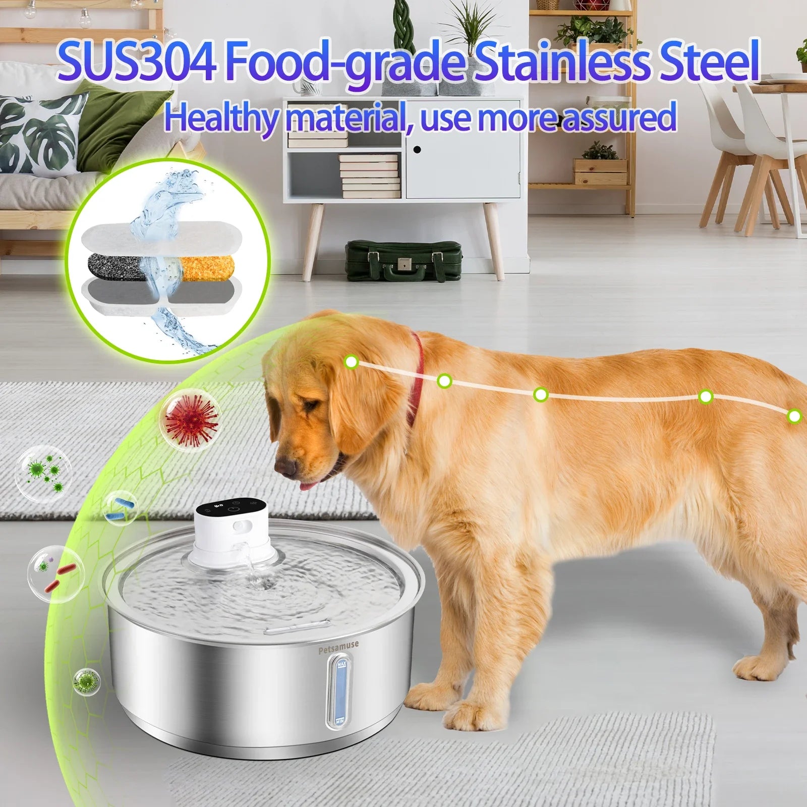 Petavista 8L Automatic Stainless Steel Dog Water Fountain 5000mAh Wireless Pet Drinker Battery & Sensor 2 in 1 Dispenser for Dog
