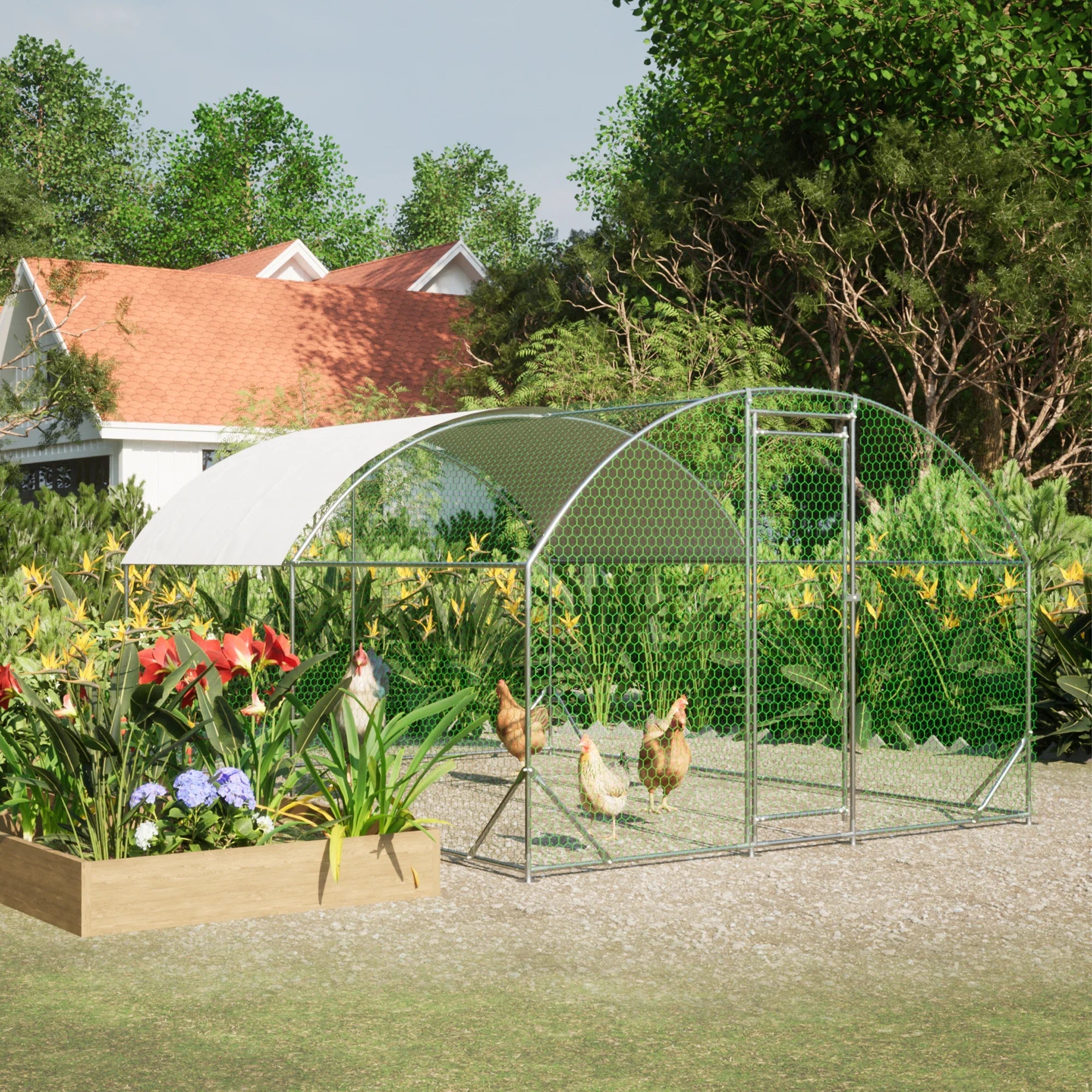 Large Chicken Coop Metal Chicken Run with Waterproof and Anti-UV Cover, Dome Shaped Walk-in Fence Cage Hen House
