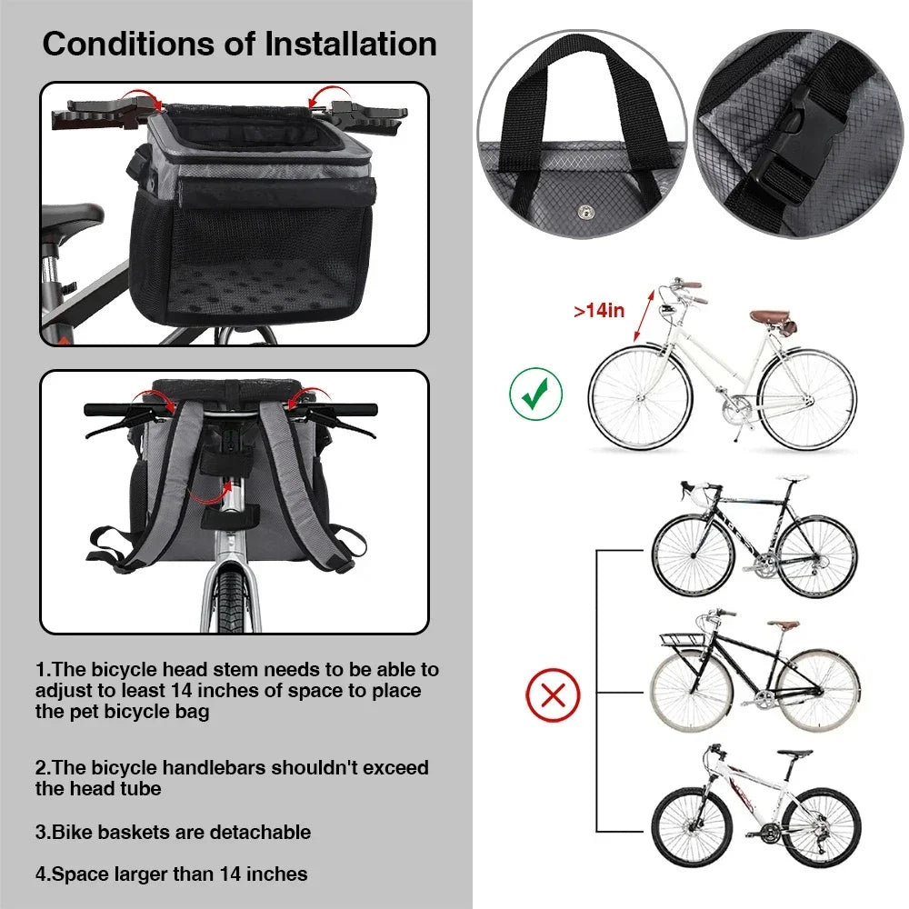 Bicycle Front Basket Pet Dog Carrying Bag Removable Suspension Folding Duffel Bag with 15 Lbs Weight Capacity for Cycling