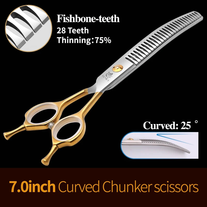 Fenice 7.0/7.5 inch Professional Dog Grooming Shears Curved Thinning Scissors for Dog Face Body Cutiing JP 440C High Quality
