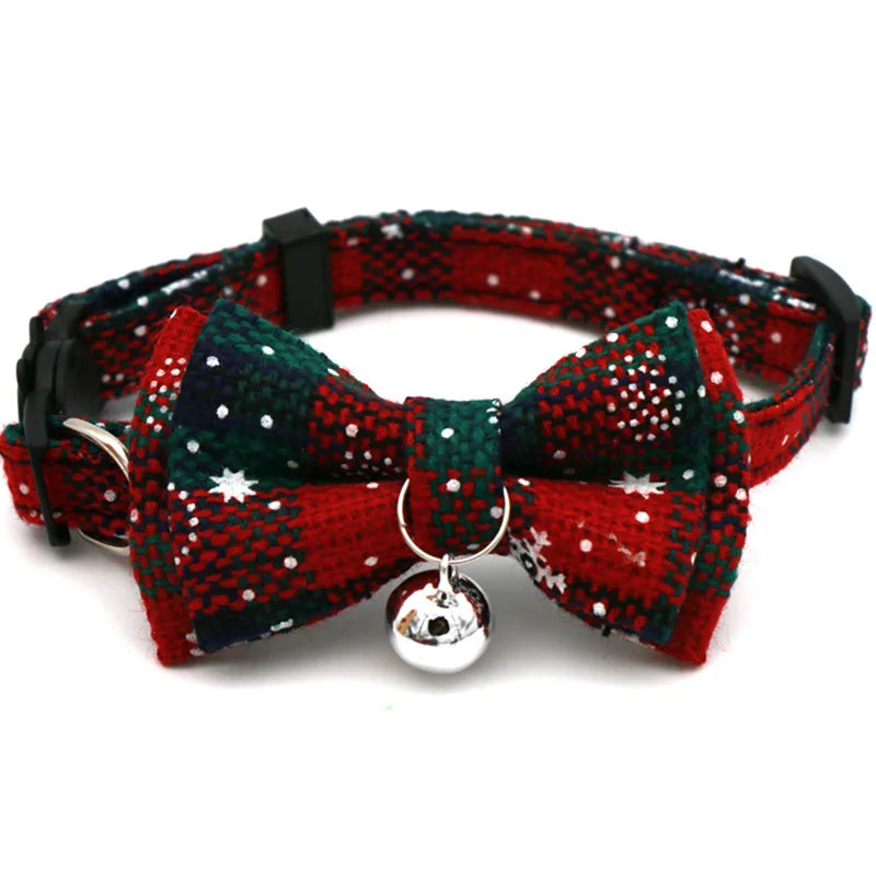 Pet Breakaway Cat Collar Bow Tie And Bell Cute Plaid Christmas Red Elastic Adjustable Dog Collar With Sash Small Bell For Cats