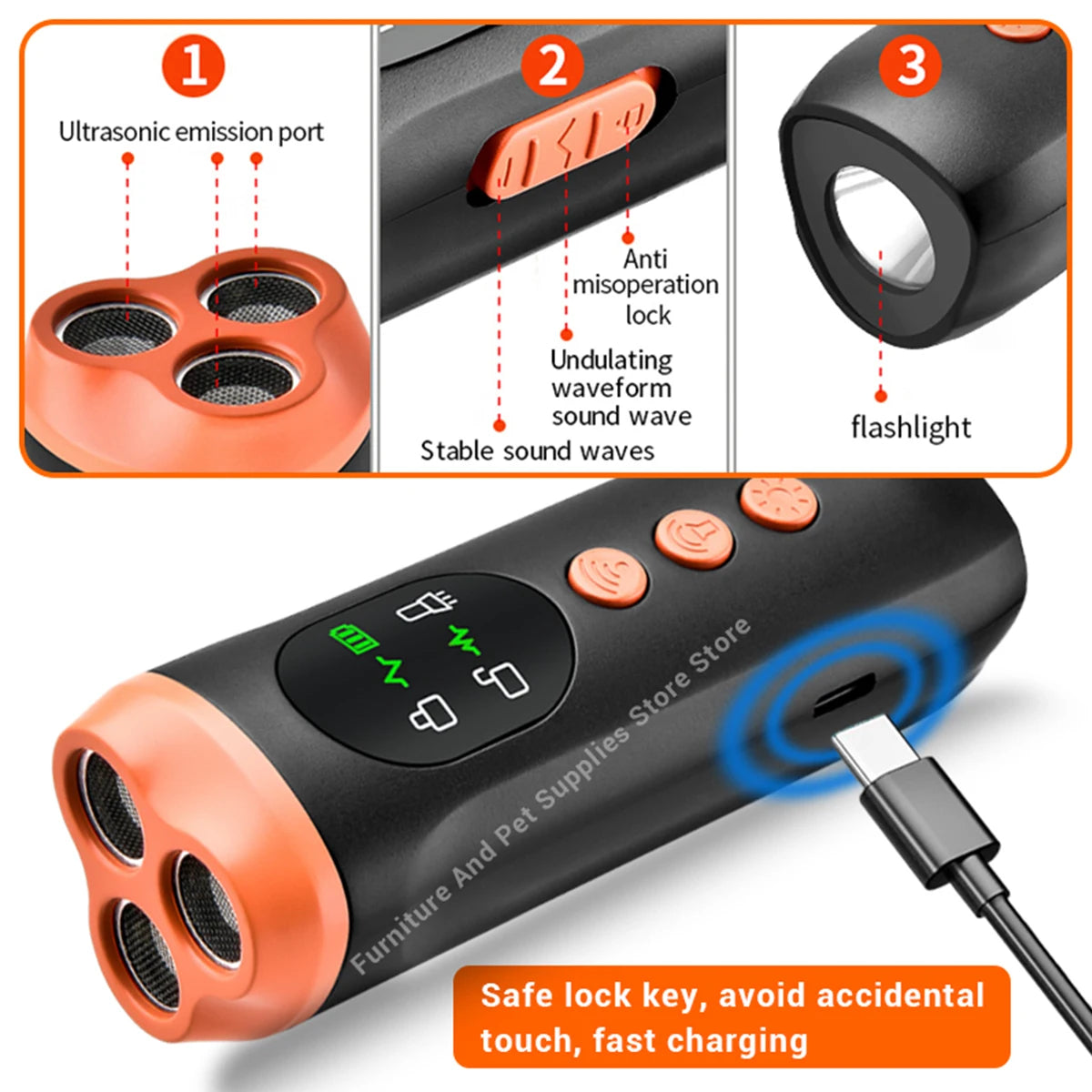 New portable outdoor dog repellent, high-power intelligent cat repellent, anti barking ultrasonic dog repellent with flashlight