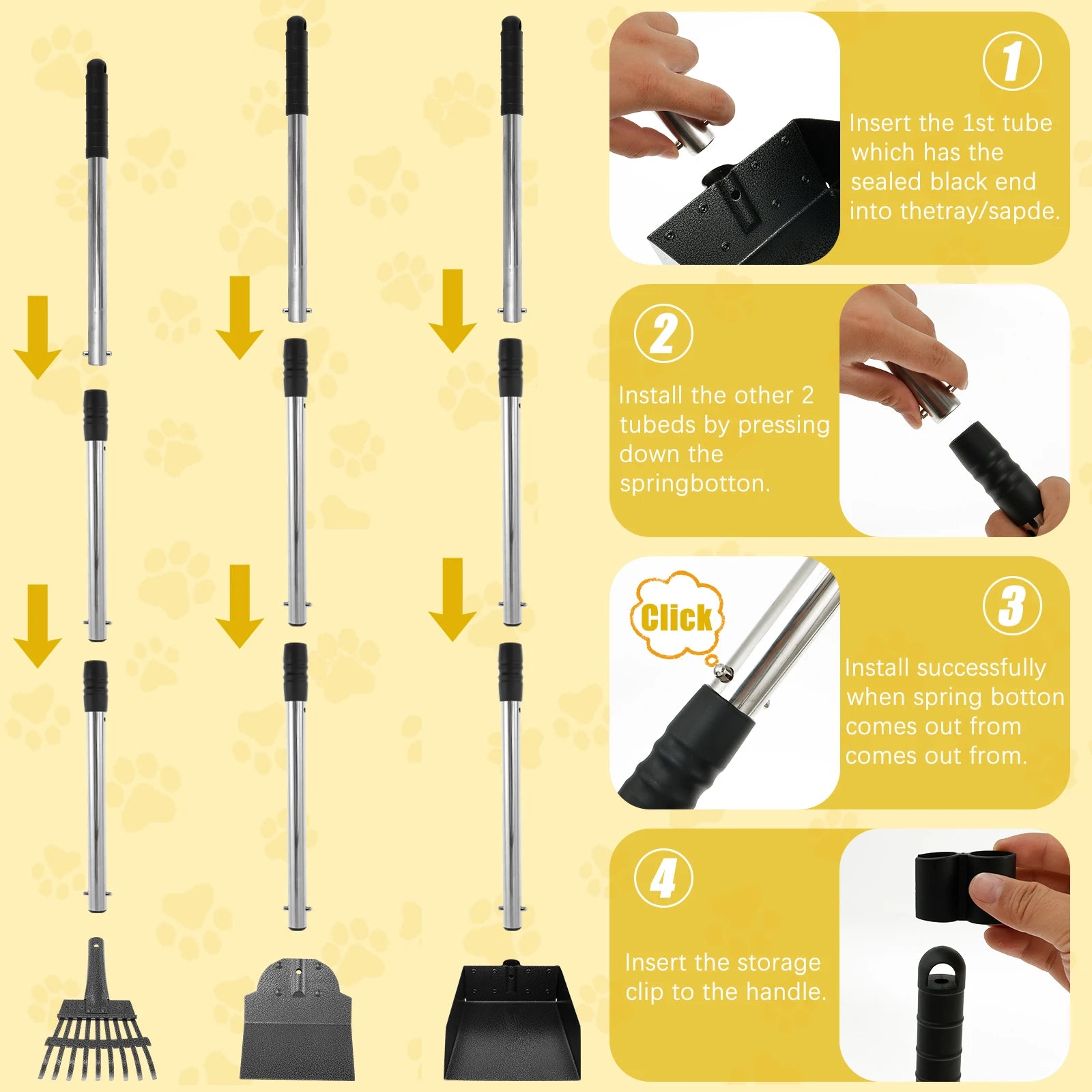 2/3Pcs Pet Pooper Scooper Set with Long Handle Multifunctional Metal Tray Rake Spade Dog Poop Picker For Pet Waste Removal