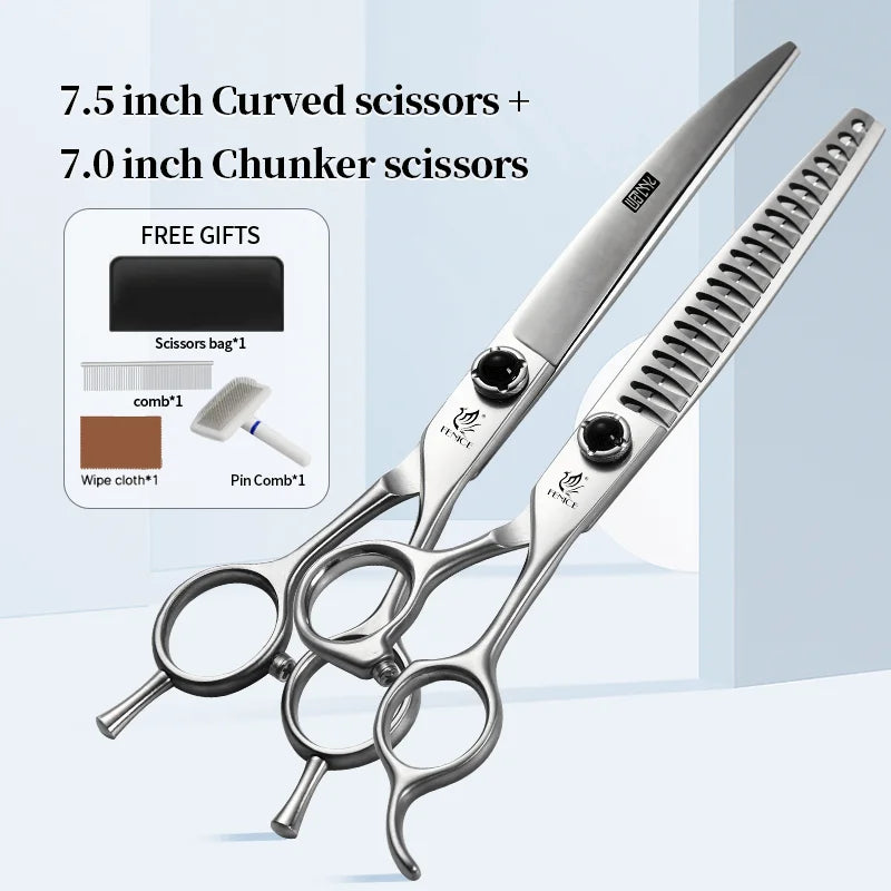 Fenice 6.5/7.0/7.5 Inch Pet Grooming Scissors Set Dog Hair Trimming Shears Cutting Thinning Curved Scissor Kit for Family Use
